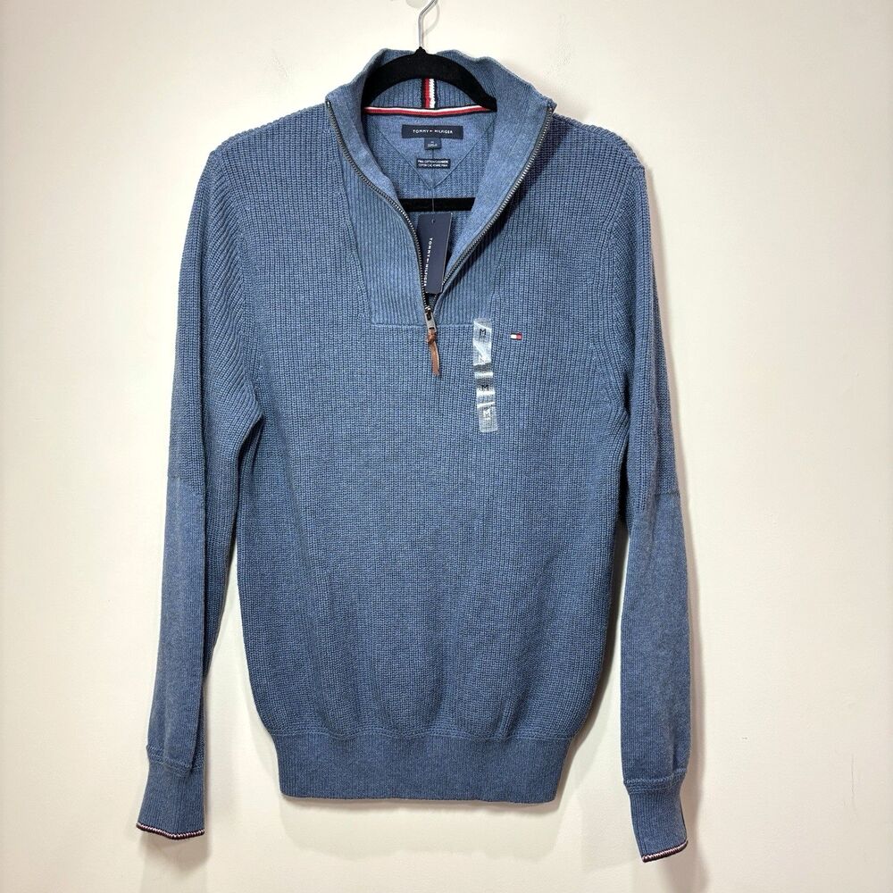 Tommy Hilfiger NWT Sweater Men M 1/4 Zip Cotton Cashmere Blue Ribbed Preppy Y2K